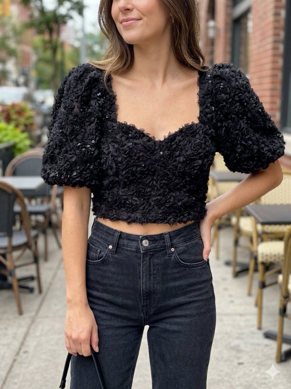 Zara Black Textured Puff-Sleeve Cropped Top